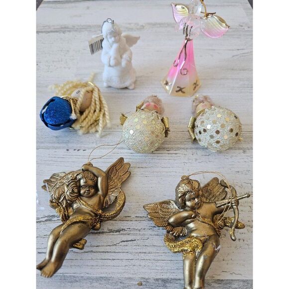 Cherub angel gold ornament set Xmas tree porcelain - Picture 1 of 13